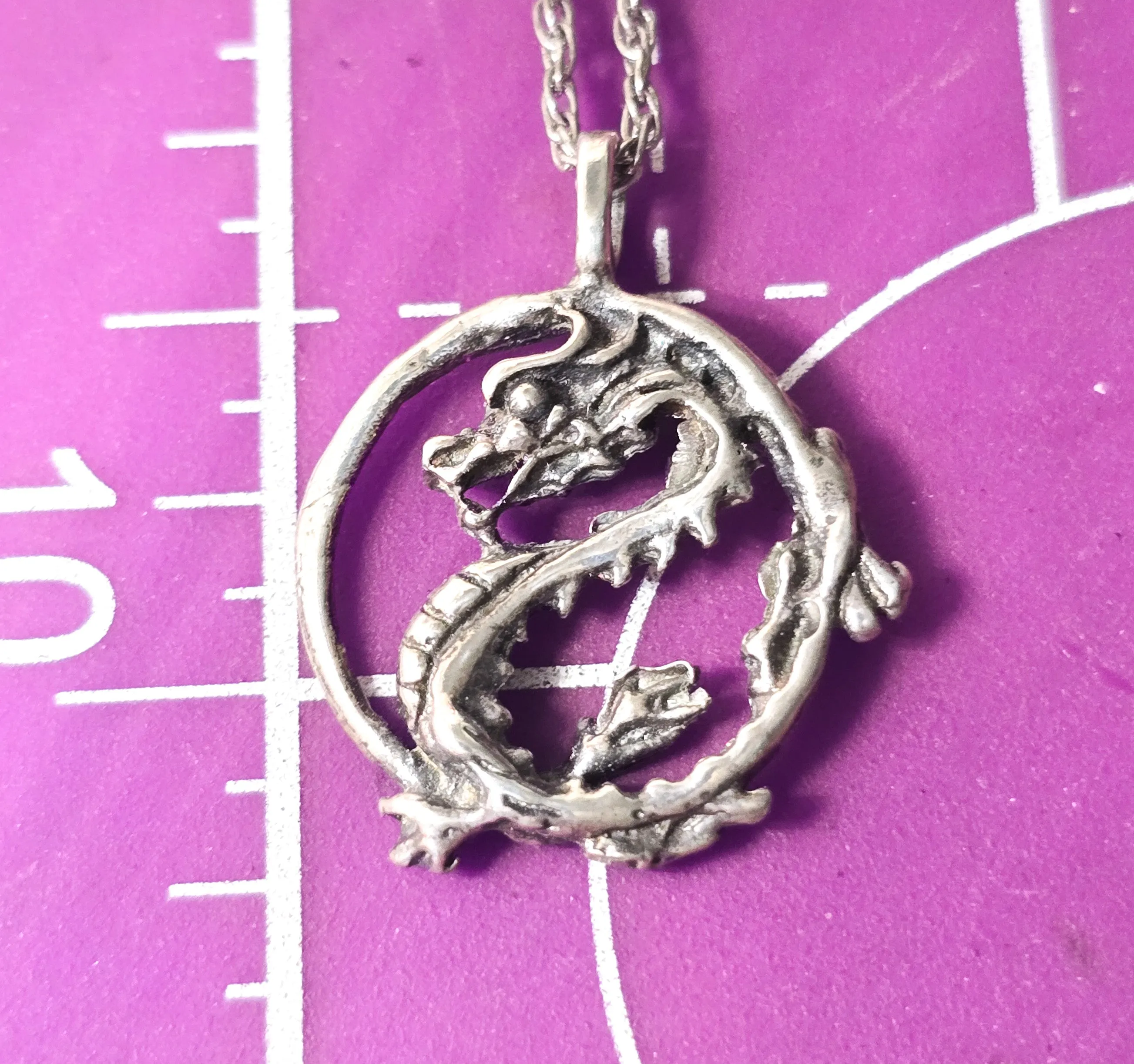 Chinese Dragon circle Sterling silver vintage pendant necklace