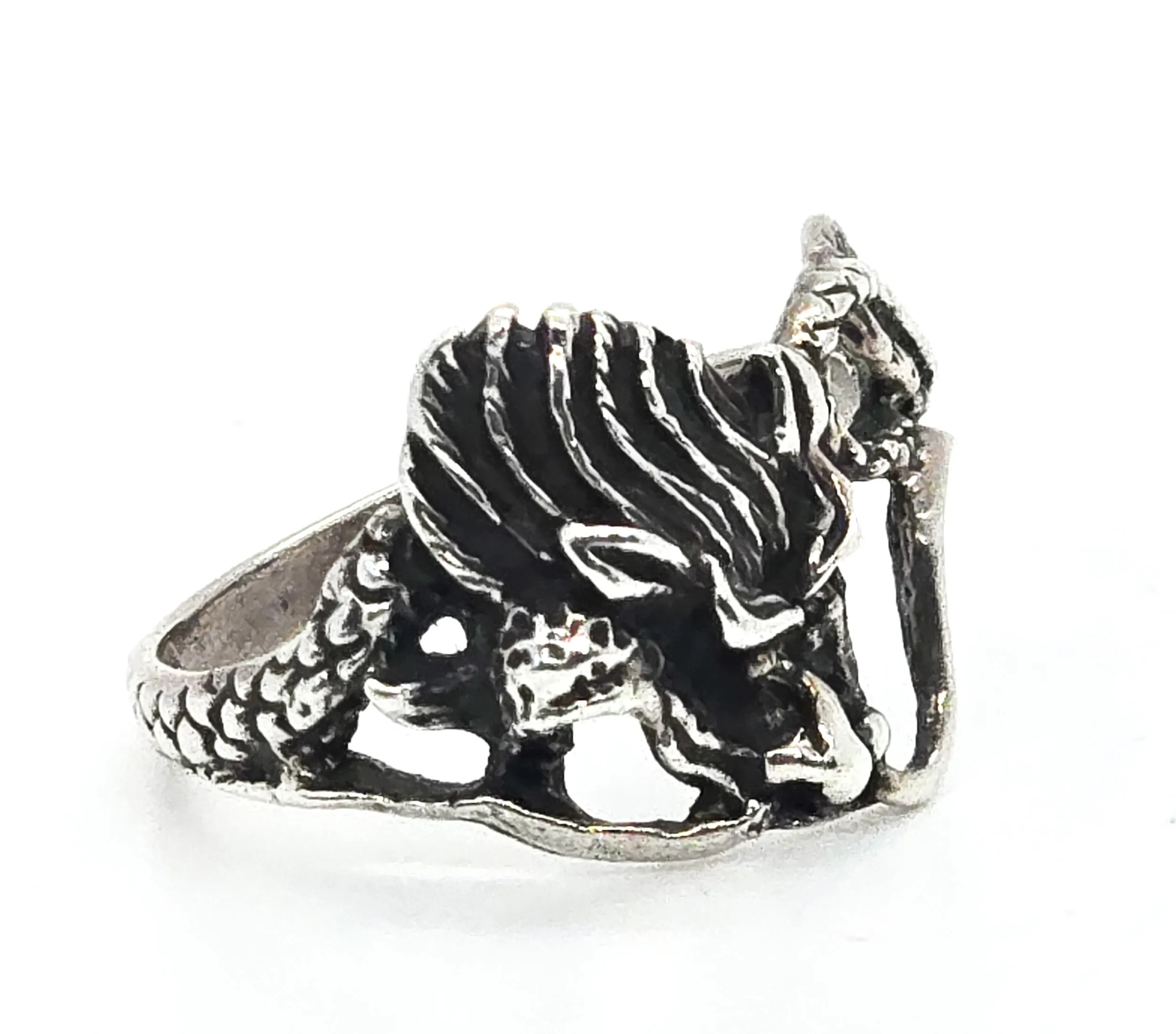 Chinese Export Asian Dragon vintage sterling silver figural ring size 5