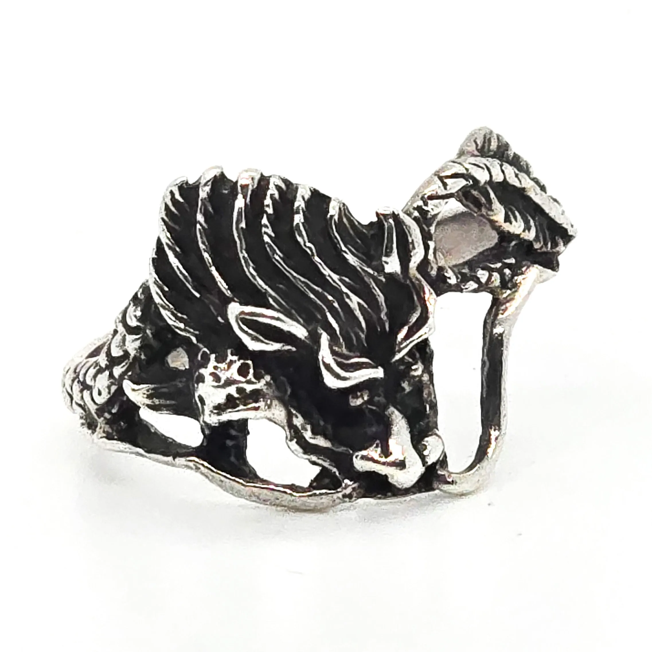 Chinese Export Asian Dragon vintage sterling silver figural ring size 5