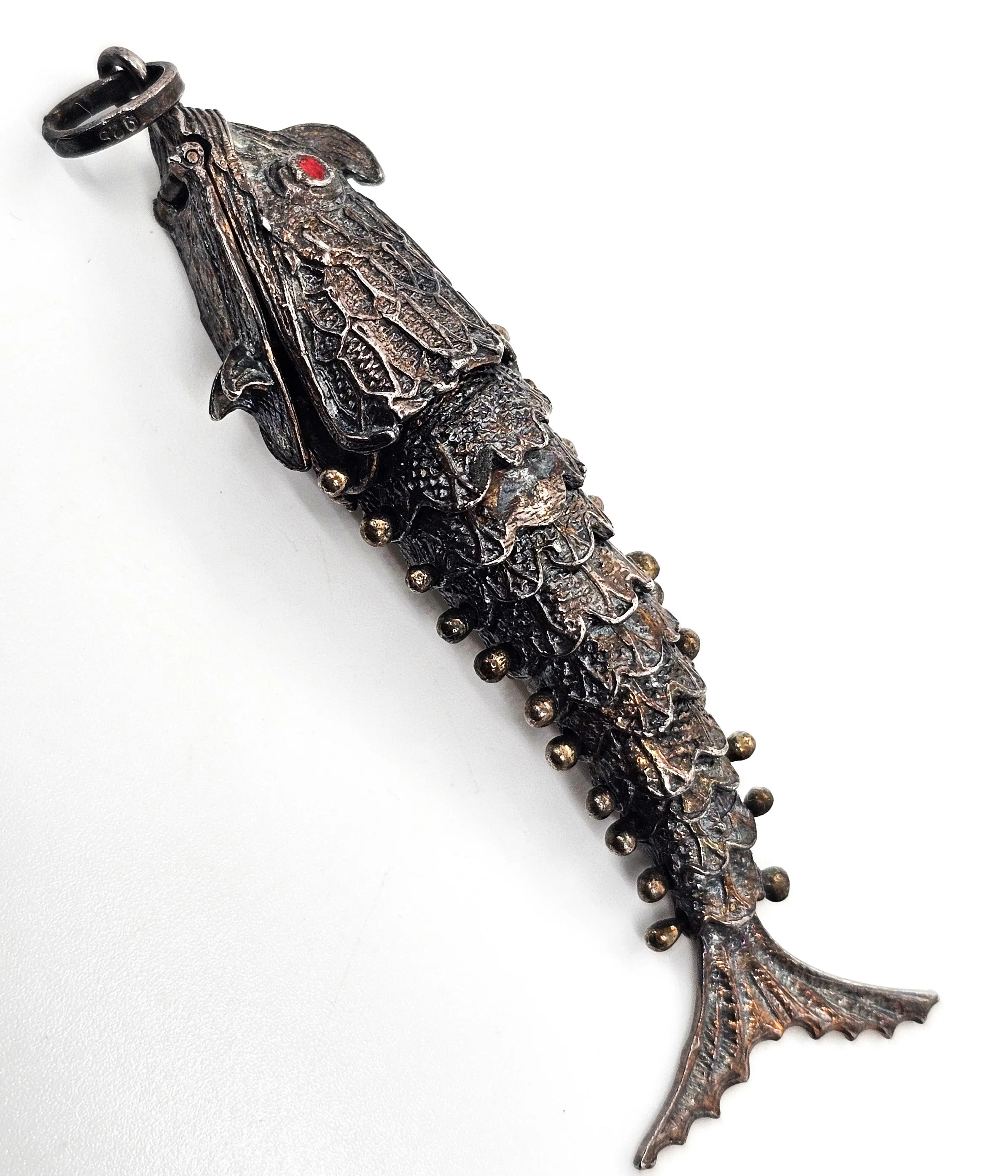 Chinese Export Large articulated open mouth Koi fish vintage sterling silver pendant