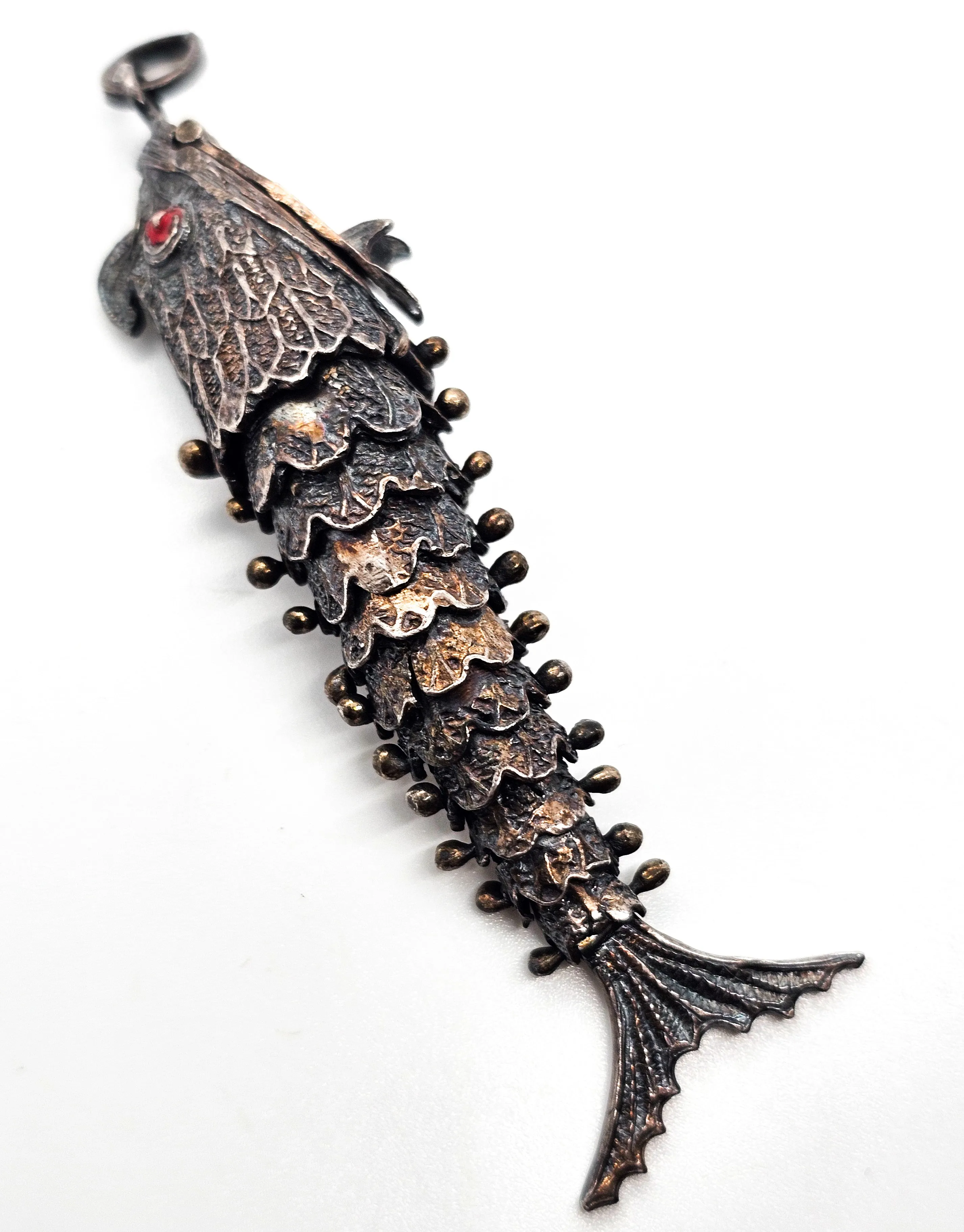 Chinese Export Large articulated open mouth Koi fish vintage sterling silver pendant