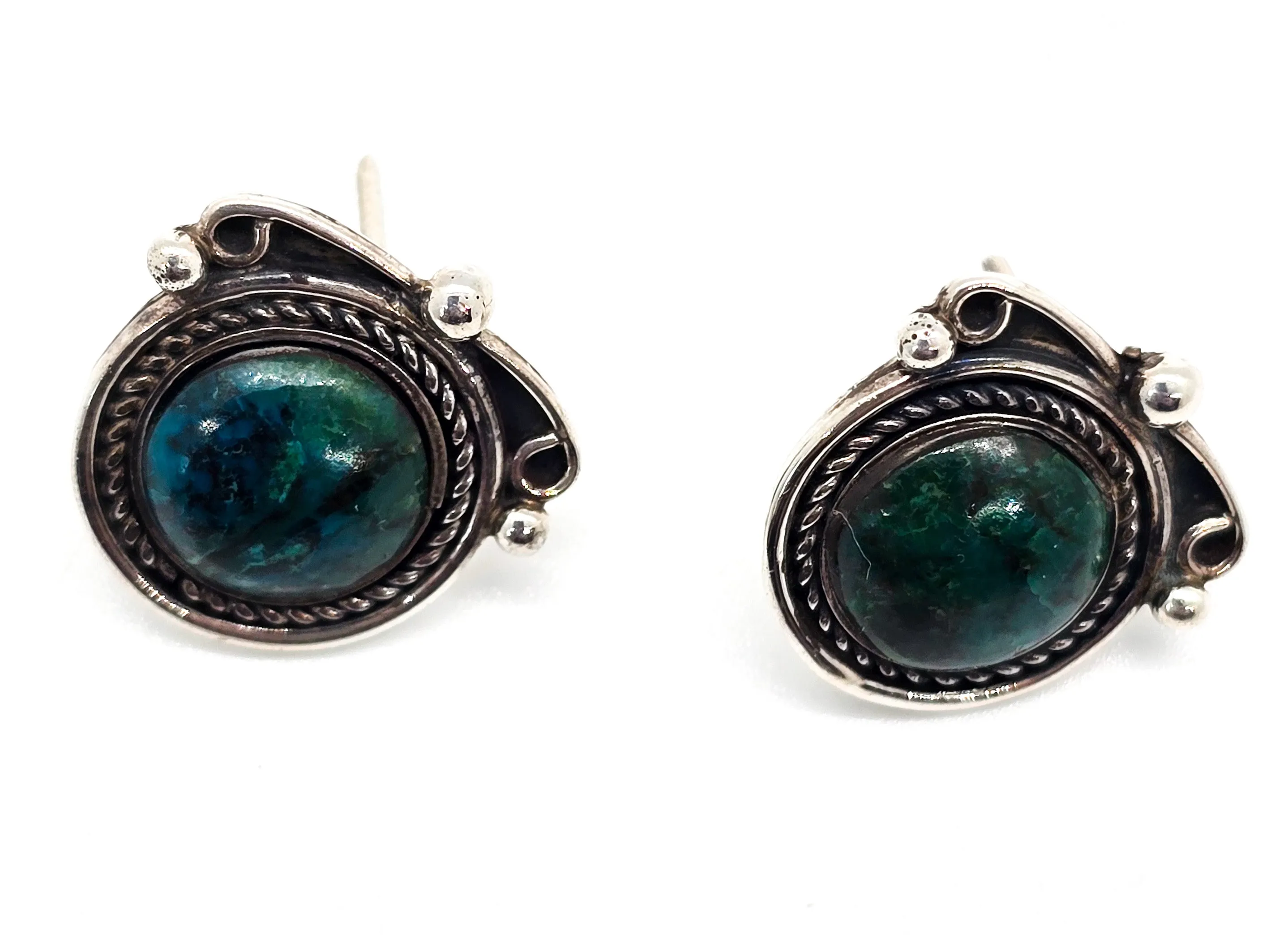 Chrysocolla Native American 950 sterling silver twisted rope vintage stud earrings