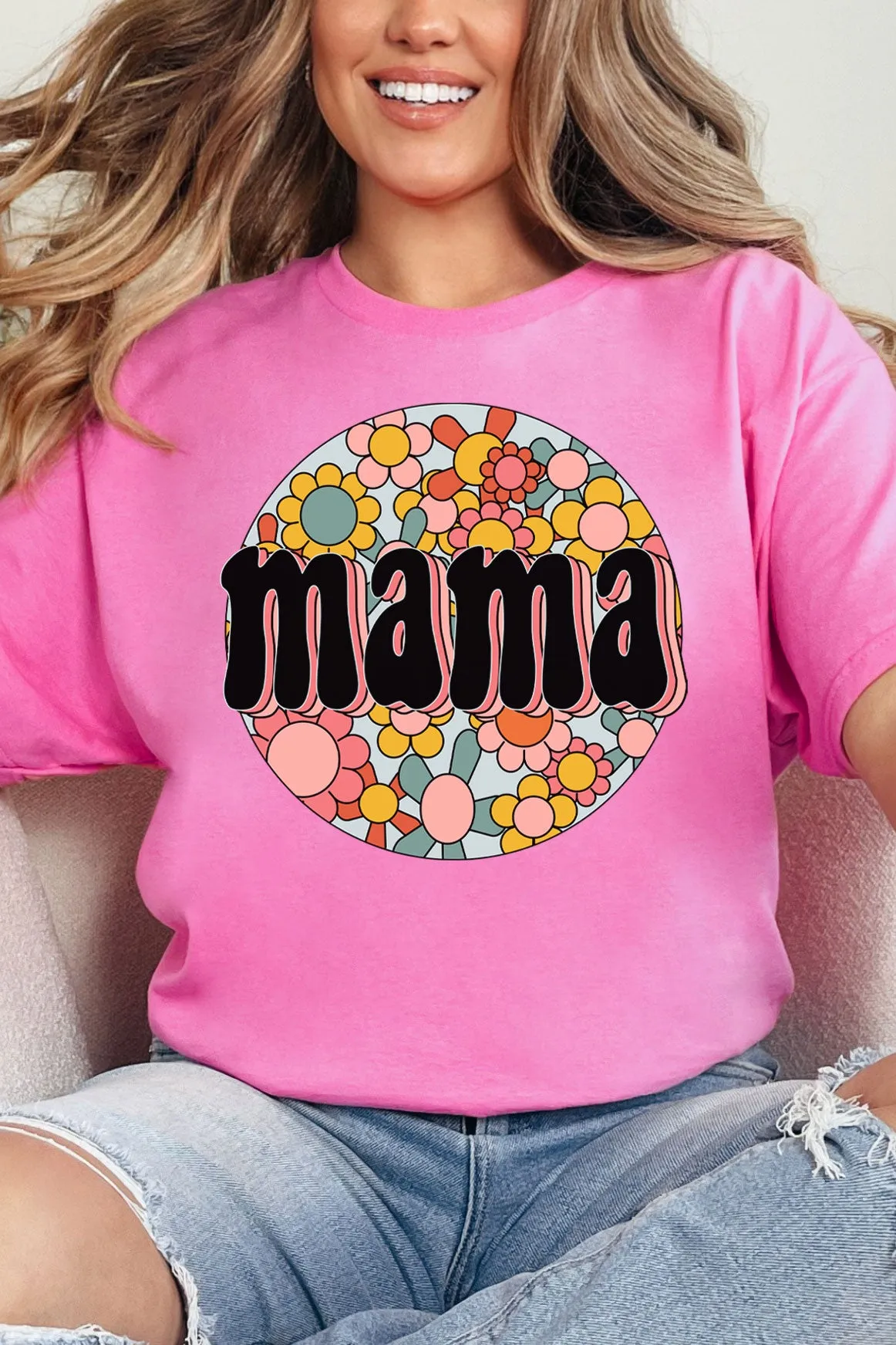 Circle Retro Flower Mama Short Sleeve Relaxed Fit T-Shirt