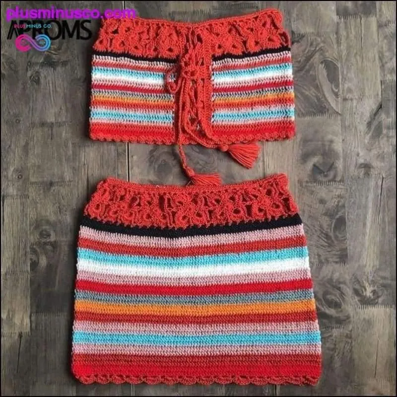 Colorful Striped Strapless Crochet Tube Crop Top and Skirt