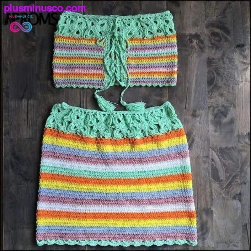 Colorful Striped Strapless Crochet Tube Crop Top and Skirt