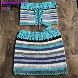 Colorful Striped Strapless Crochet Tube Crop Top and Skirt