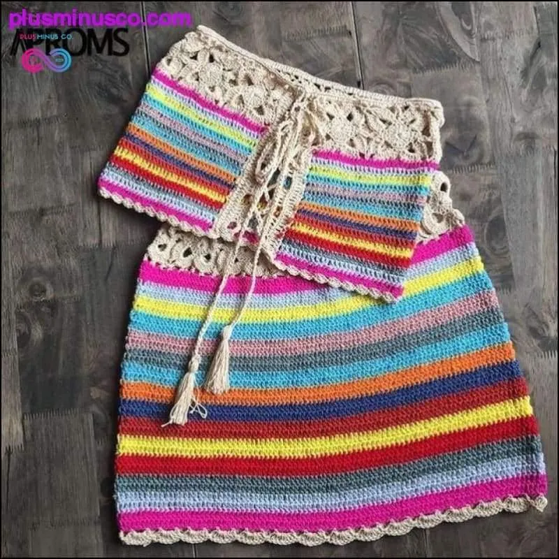 Colorful Striped Strapless Crochet Tube Crop Top and Skirt