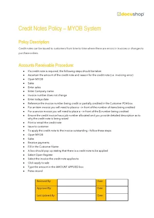 Credit Notes Policy MYOB
