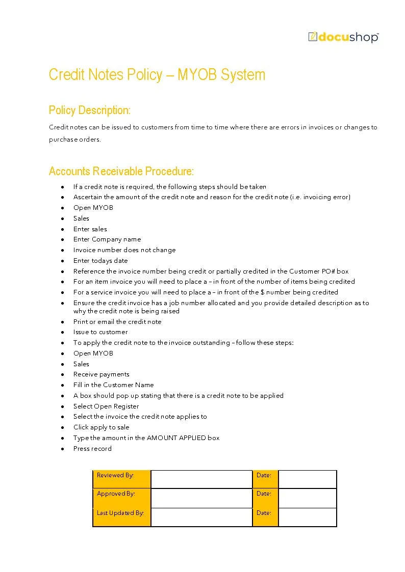 Credit Notes Policy MYOB