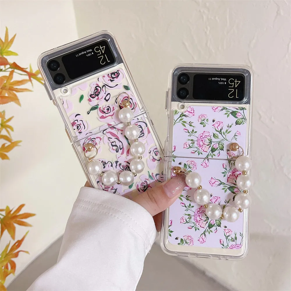 Cute Cartoon Smile Flower Wrist Chain Case For ZFlip 3-5 Bracket Pearl Bracelet Cover