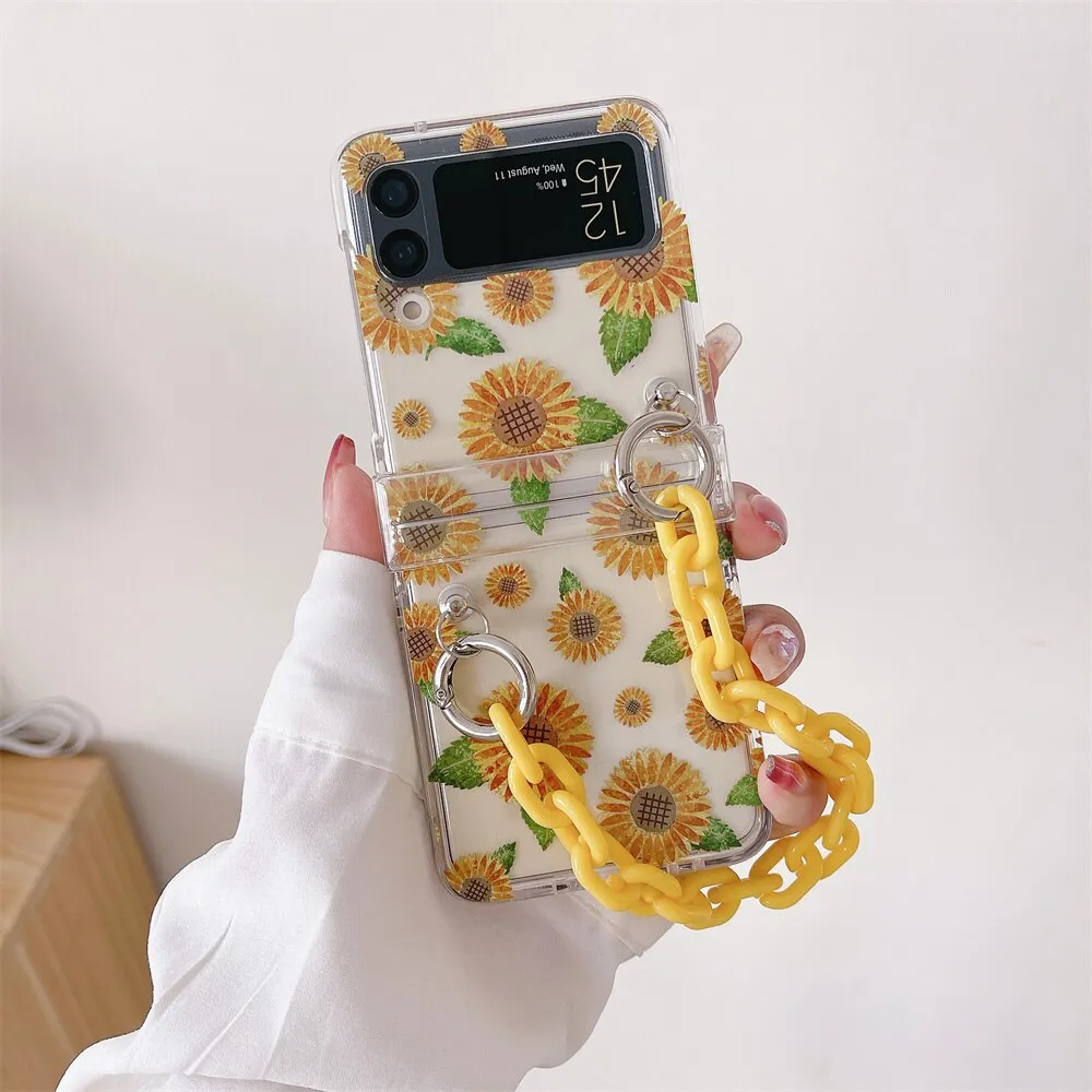 Cute Cartoon Smile Flower Wrist Chain Case For ZFlip 3-5 Bracket Pearl Bracelet Cover