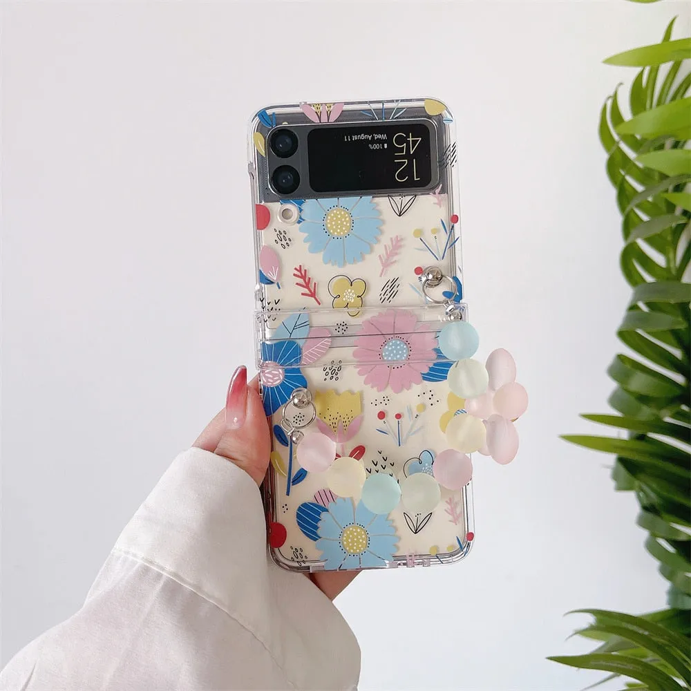 Cute Cartoon Smile Flower Wrist Chain Case For ZFlip 3-5 Bracket Pearl Bracelet Cover