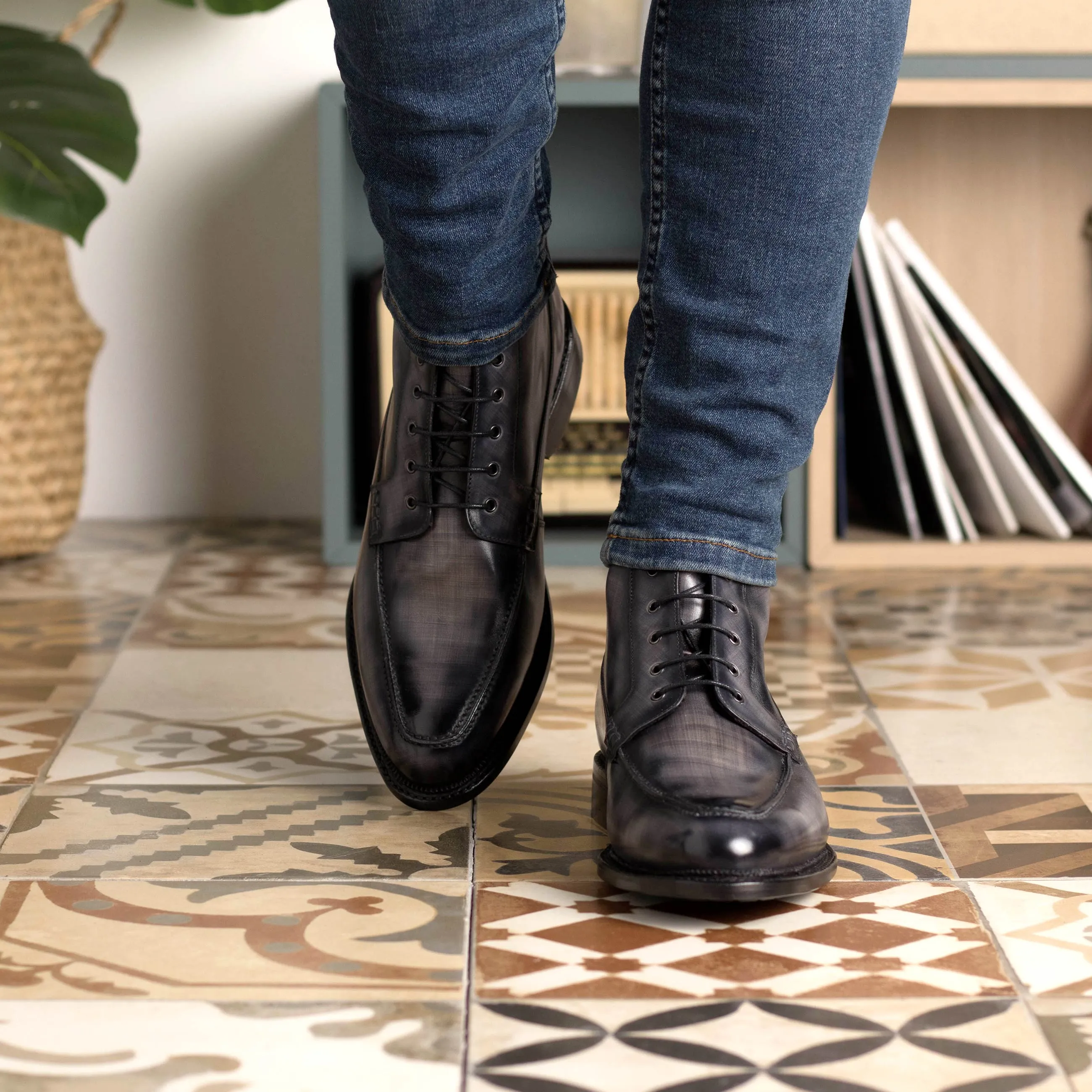 DapperFam Ryker in Grey Men's Hand-Painted Patina Moc Boot