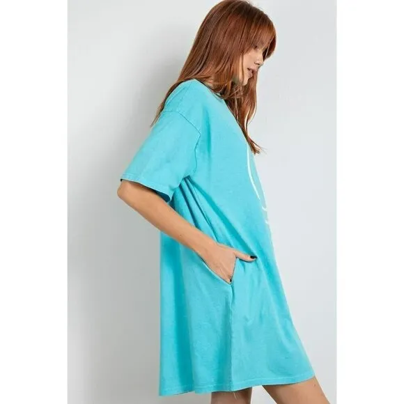 Don't Worry Be Happy Oversized Smiley Face Dress in Turquoise