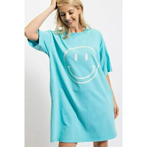 Don't Worry Be Happy Oversized Smiley Face Dress in Turquoise