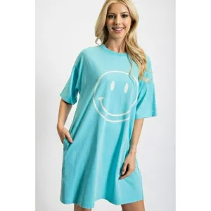 Don't Worry Be Happy Oversized Smiley Face Dress in Turquoise