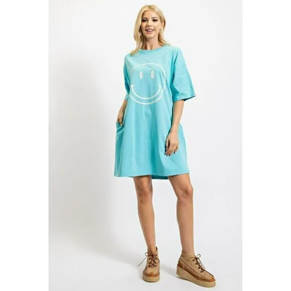 Don't Worry Be Happy Oversized Smiley Face Dress in Turquoise