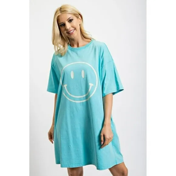 Don't Worry Be Happy Oversized Smiley Face Dress in Turquoise