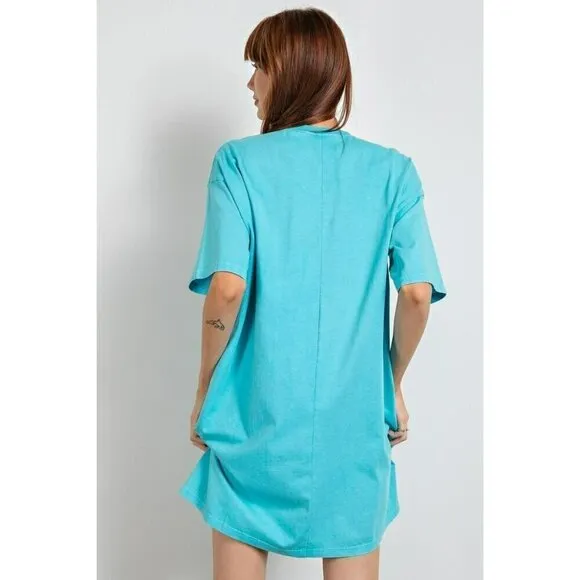 Don't Worry Be Happy Oversized Smiley Face Dress in Turquoise