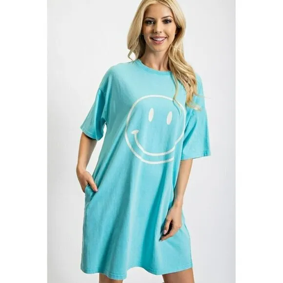 Don't Worry Be Happy Oversized Smiley Face Dress in Turquoise