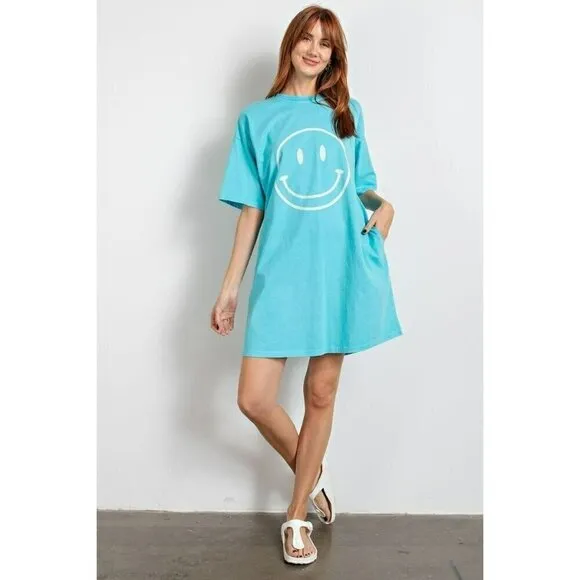 Don't Worry Be Happy Oversized Smiley Face Dress in Turquoise