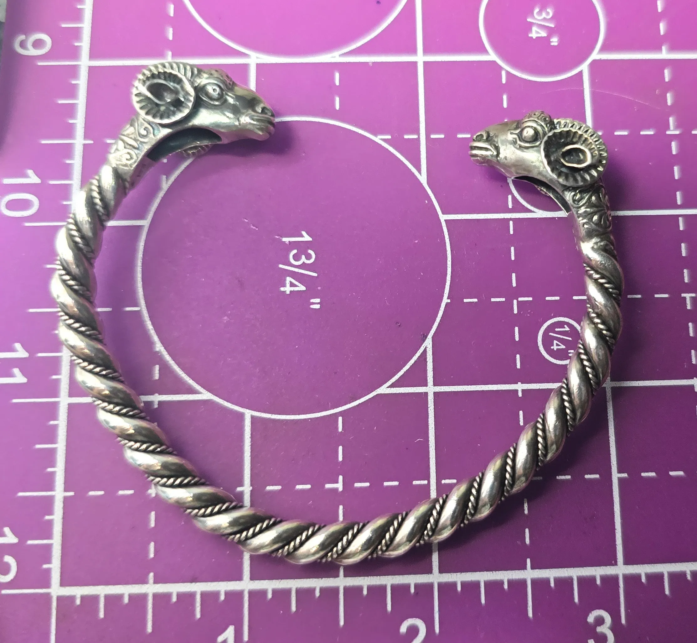 Double Rams head Greek detailed vintage signed solid sterling silver bangle bracelet