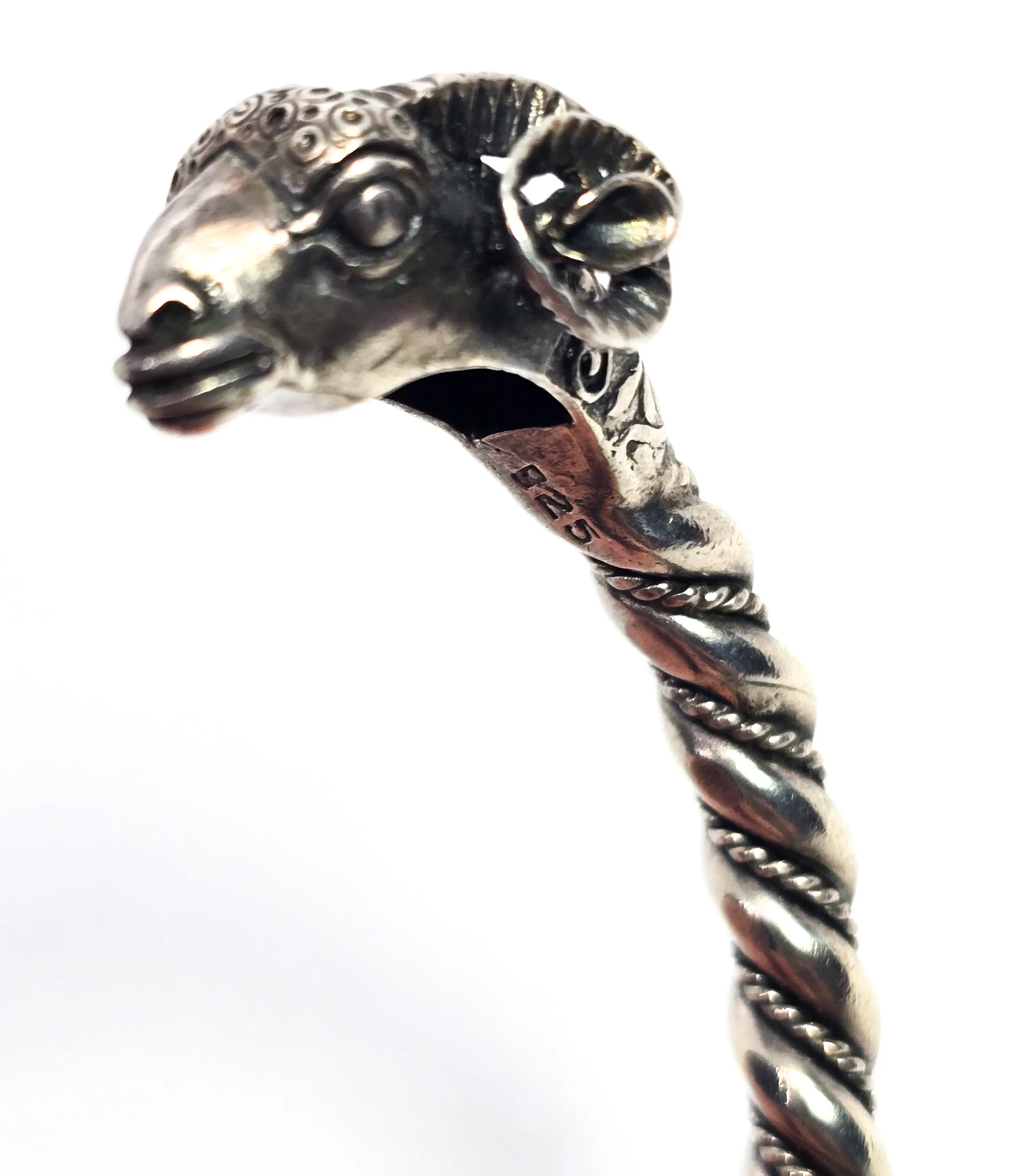 Double Rams head Greek detailed vintage signed solid sterling silver bangle bracelet