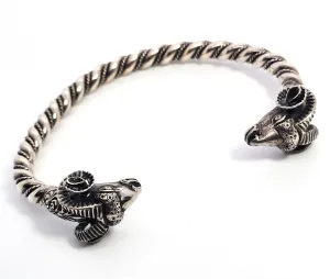 Double Rams head Greek detailed vintage signed solid sterling silver bangle bracelet