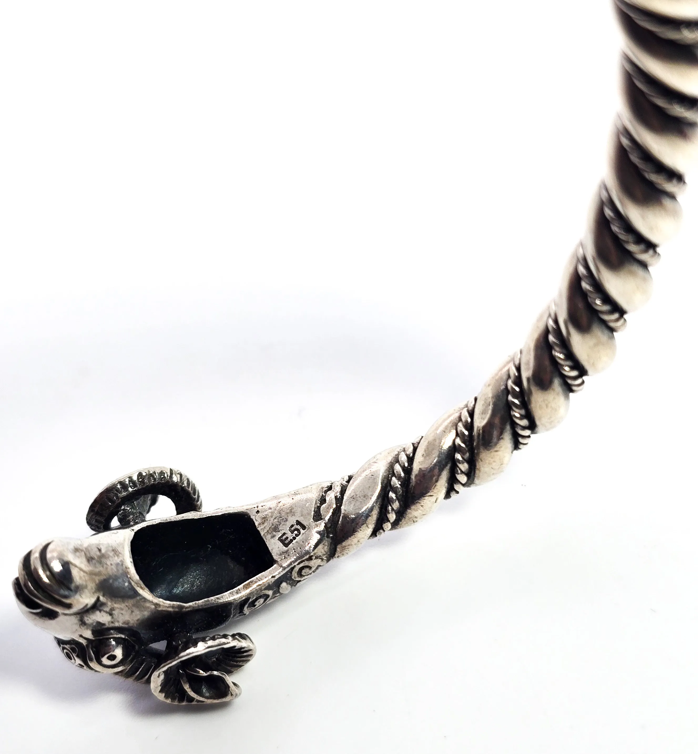 Double Rams head Greek detailed vintage signed solid sterling silver bangle bracelet