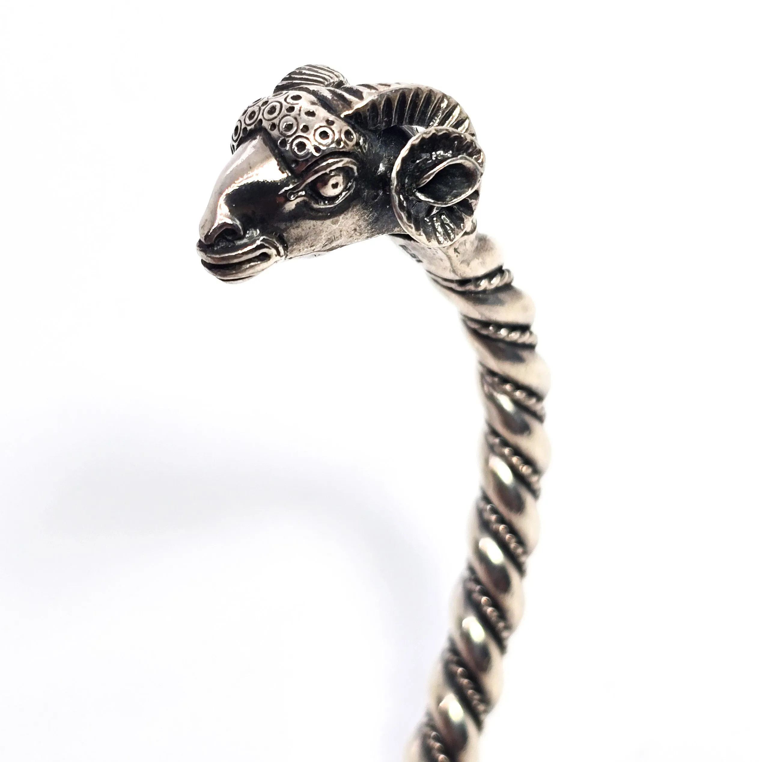 Double Rams head Greek detailed vintage signed solid sterling silver bangle bracelet