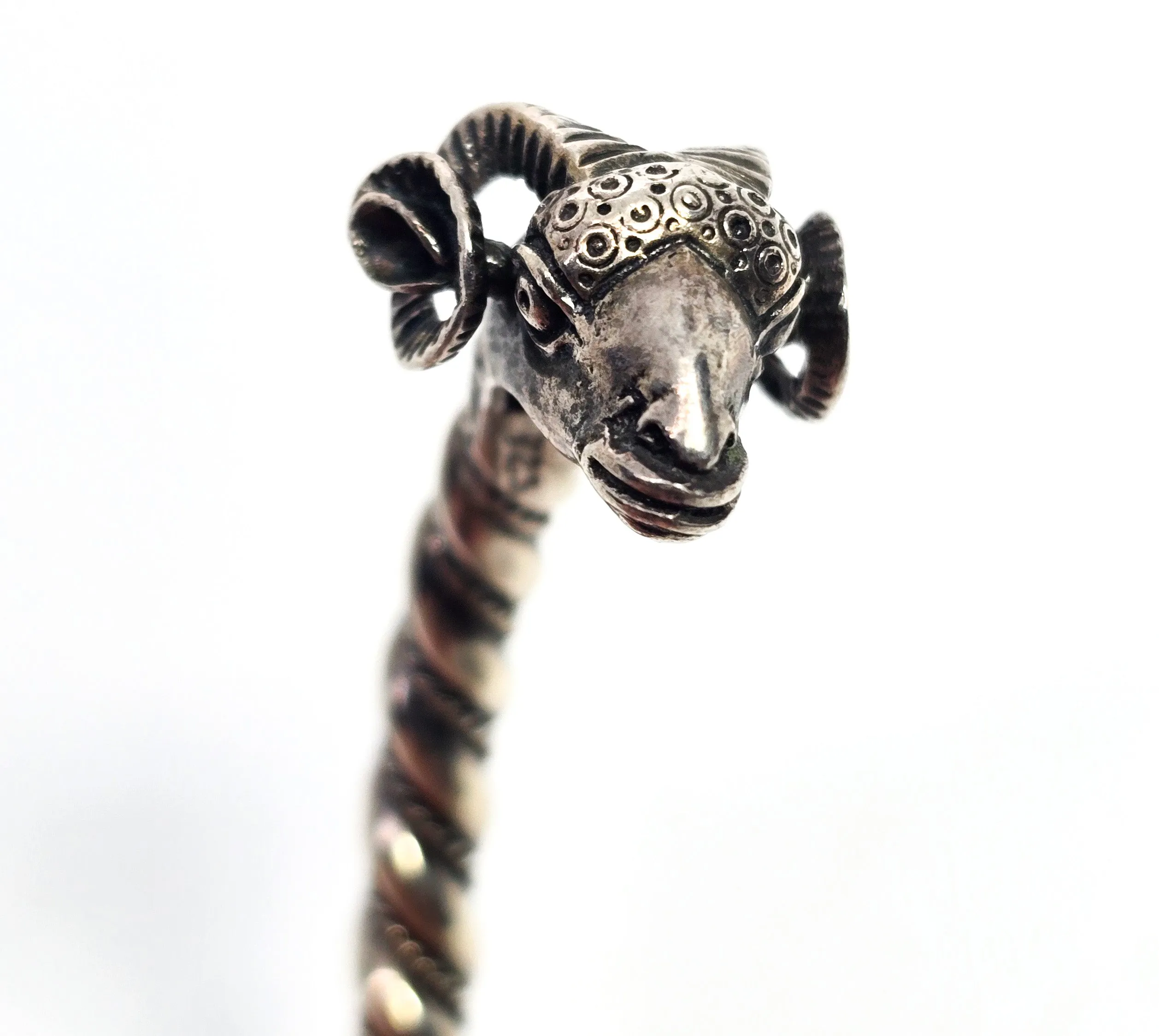 Double Rams head Greek detailed vintage signed solid sterling silver bangle bracelet