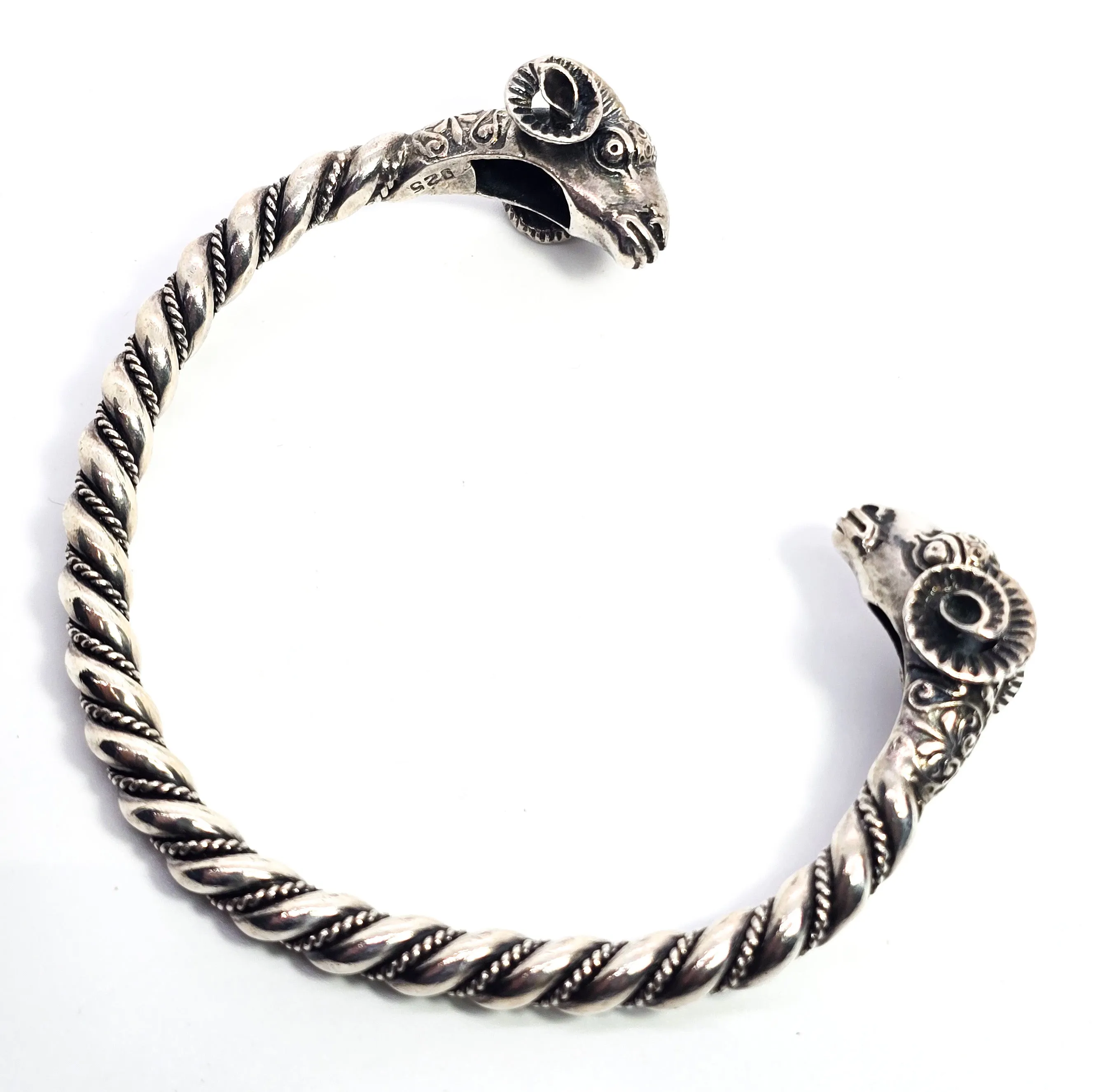Double Rams head Greek detailed vintage signed solid sterling silver bangle bracelet