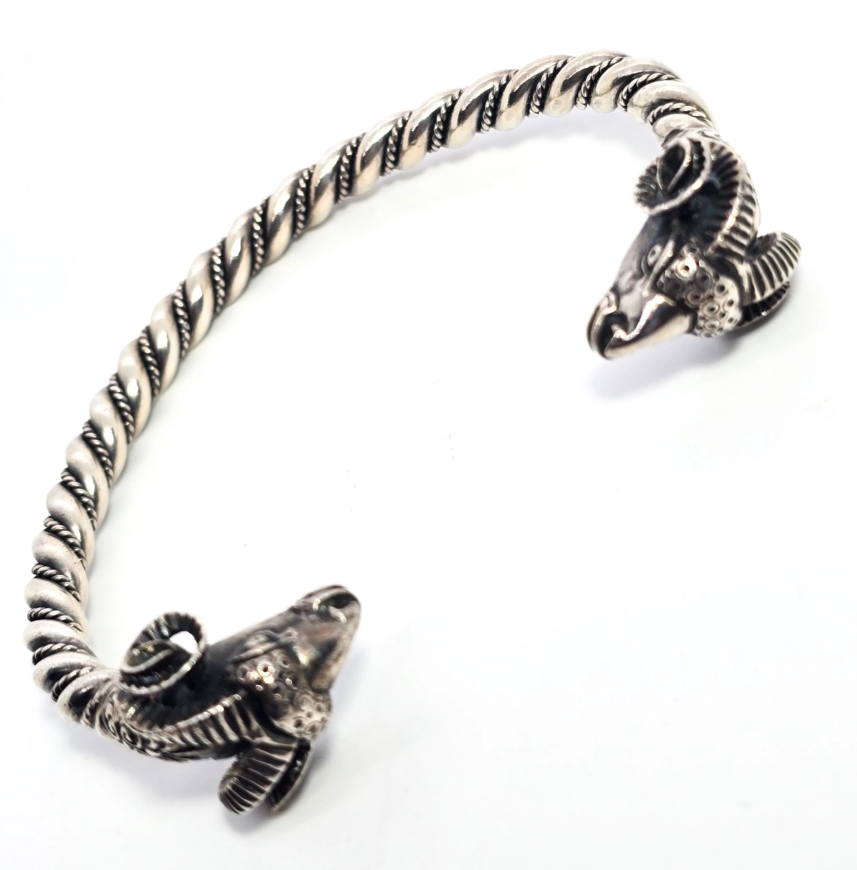 Double Rams head Greek detailed vintage signed solid sterling silver bangle bracelet