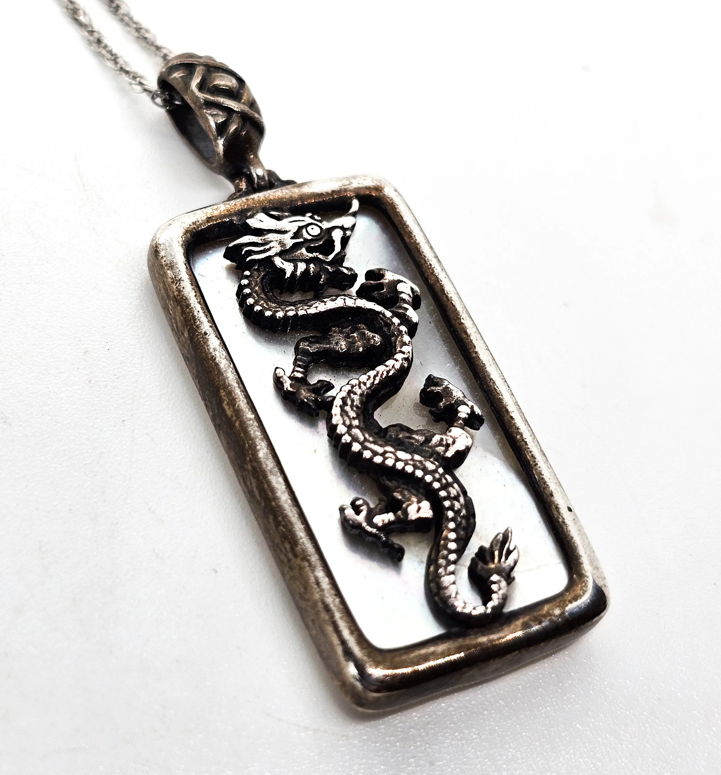 Dragon Mother of Pearl MOP sterling silver vintage pendant