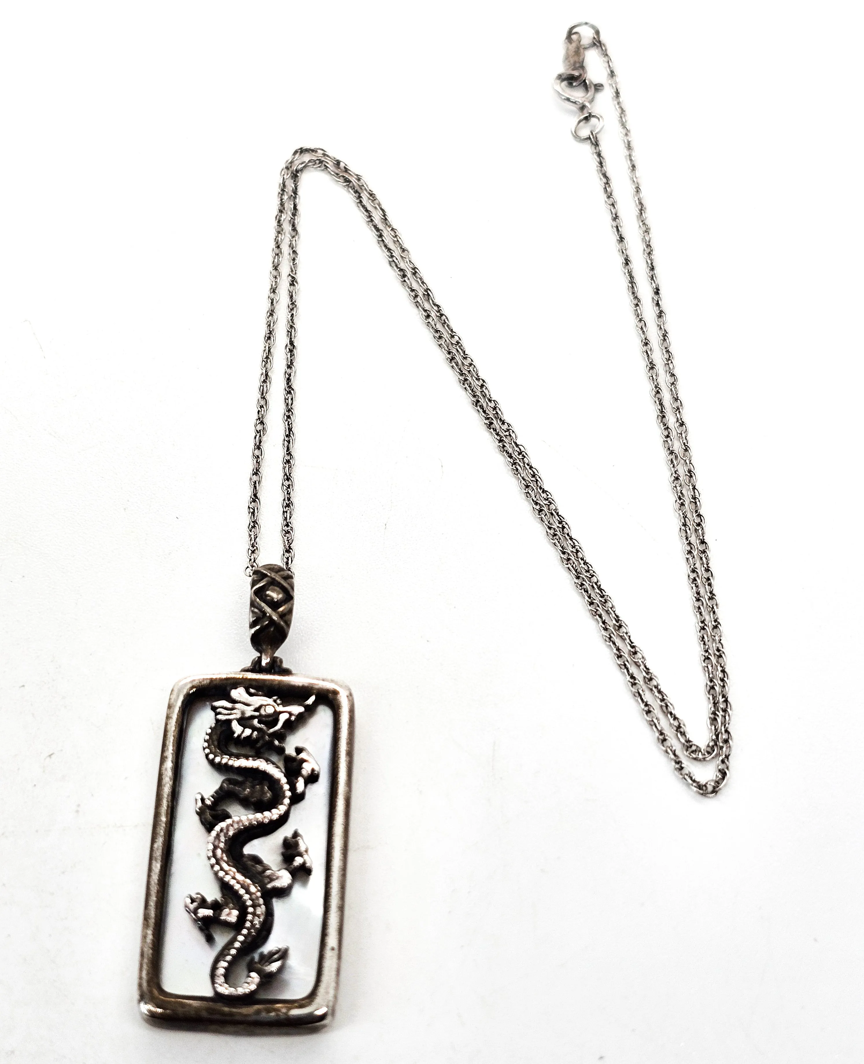 Dragon Mother of Pearl MOP sterling silver vintage pendant