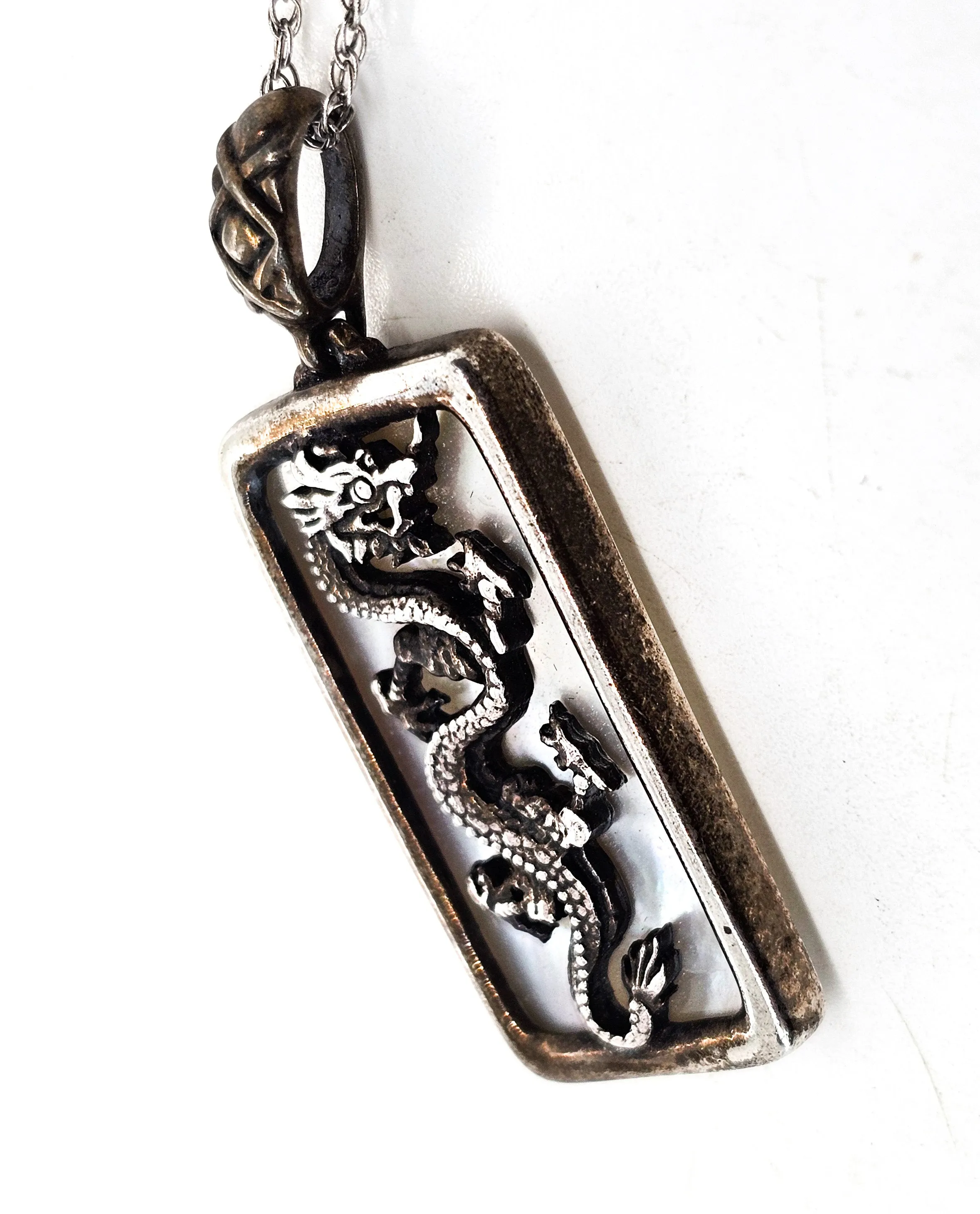 Dragon Mother of Pearl MOP sterling silver vintage pendant