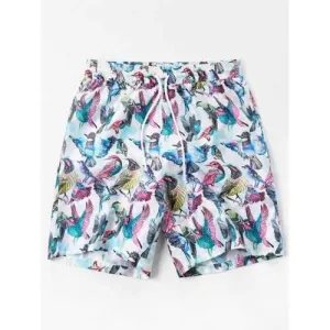 Drawstring Birds Print Shorts - White M