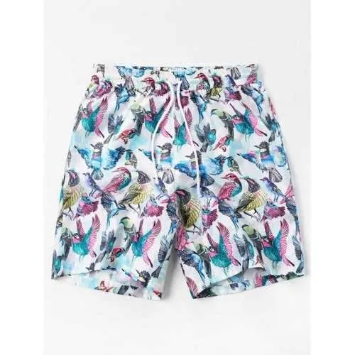 Drawstring Birds Print Shorts - White M