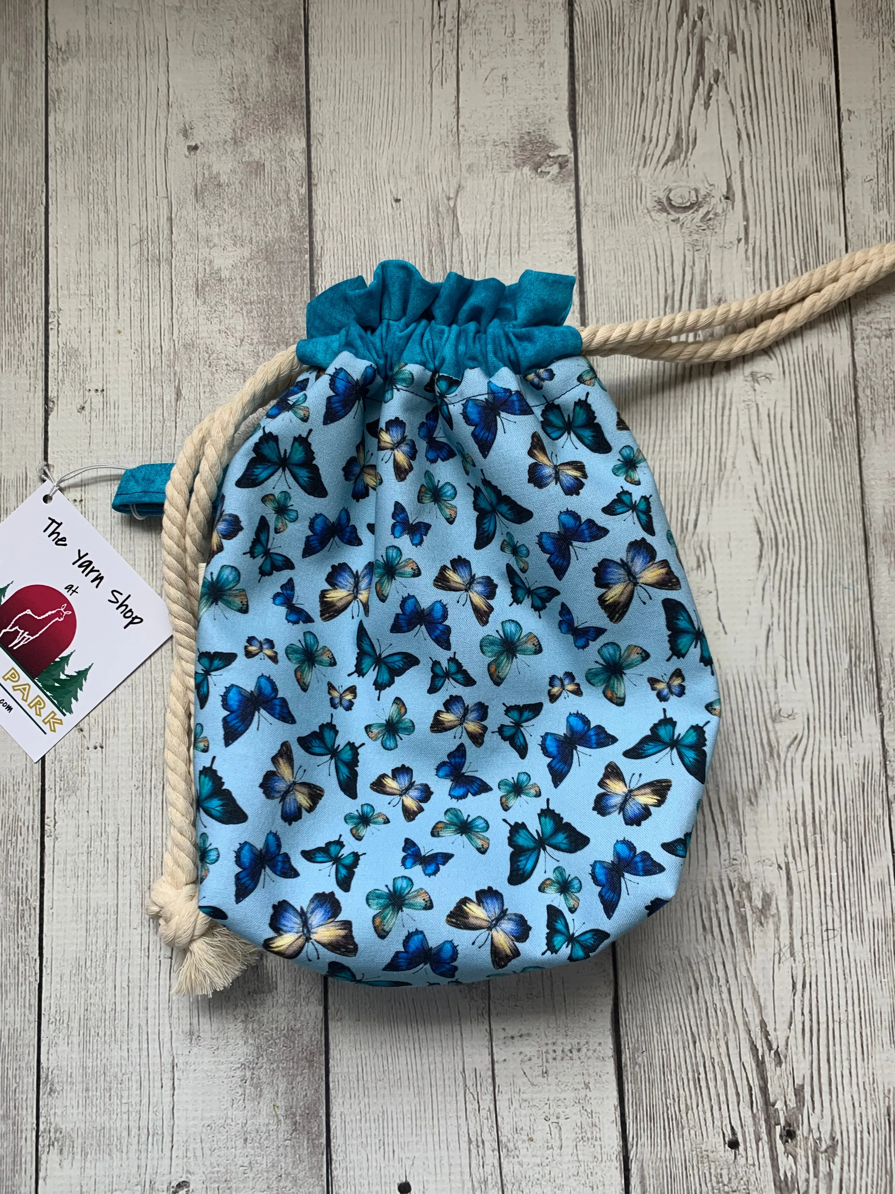 Drawstring Project Bag by Rose (MEDIUM) - Butterflies with Turquoise