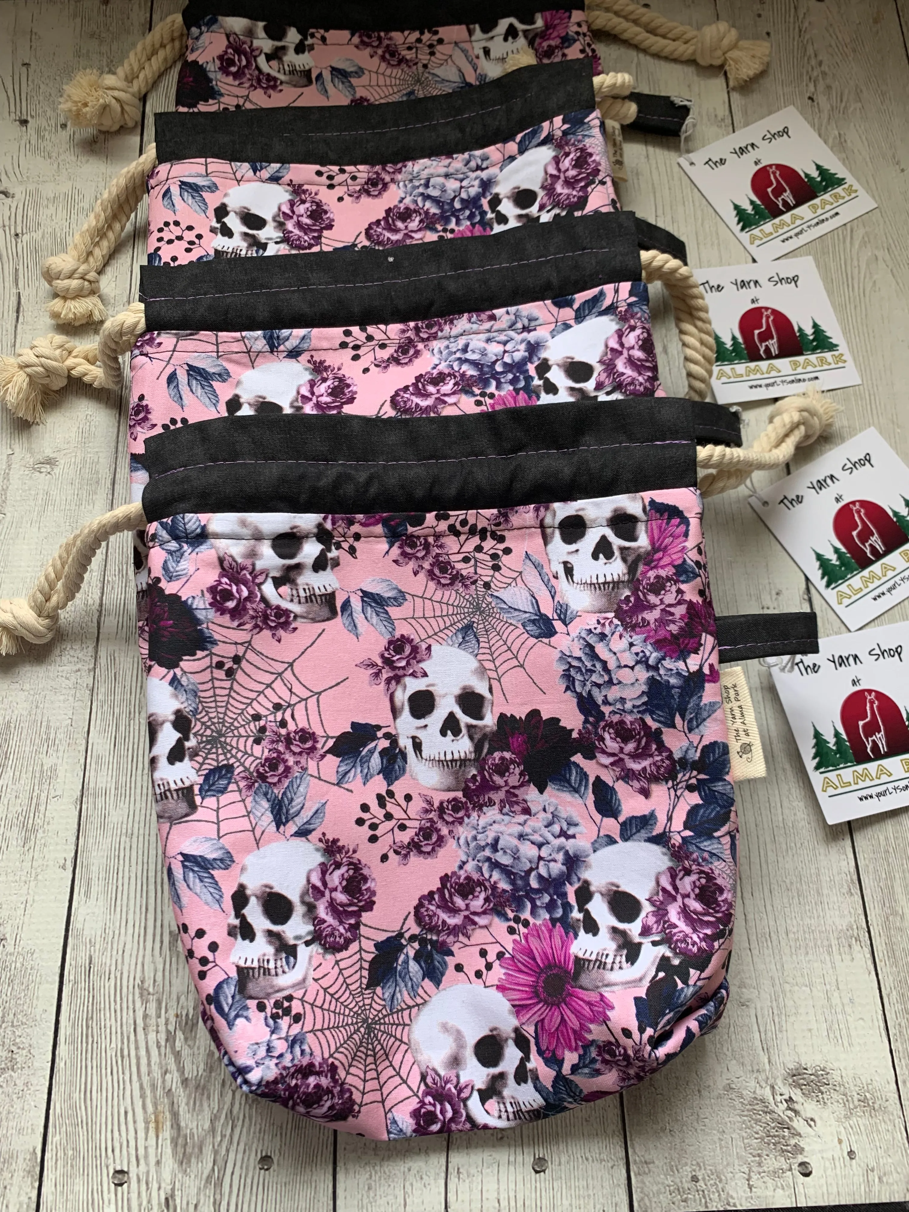 Drawstring Project Bag by Rose (MEDIUM or X-LARGE) - SKULLS and ROSES / Black