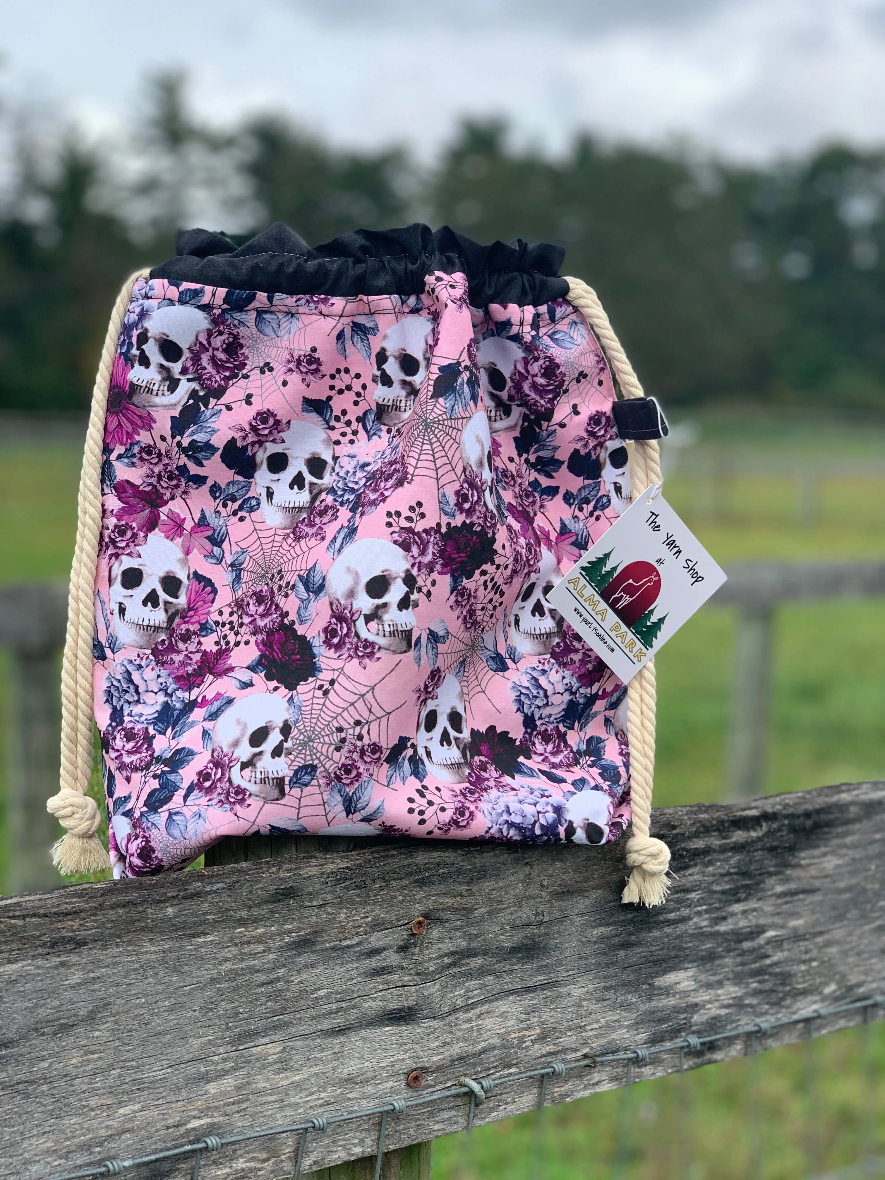 Drawstring Project Bag by Rose (MEDIUM or X-LARGE) - SKULLS and ROSES / Black