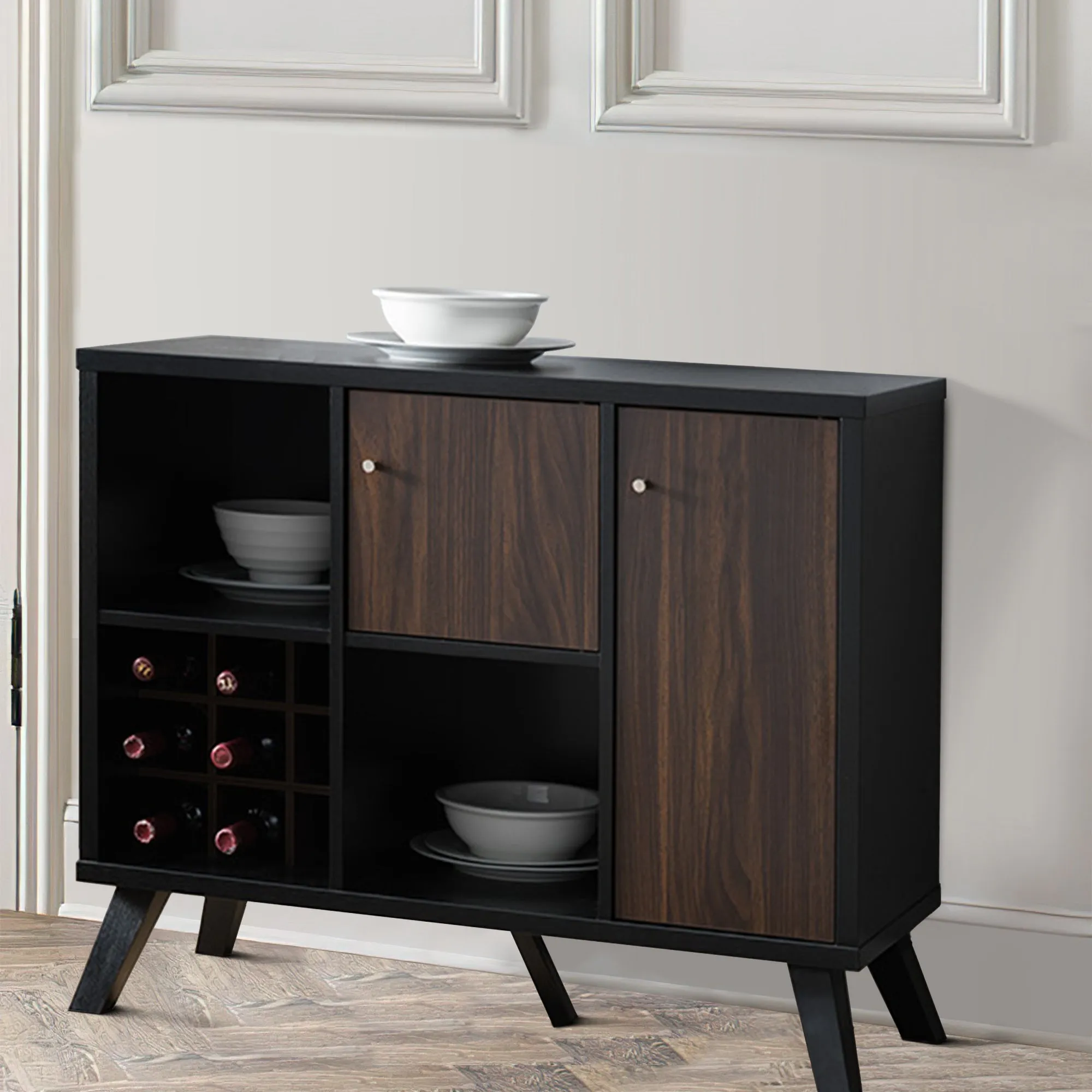 DunaWest Wooden Wine Bar Storage with 2 door cabinet and Storage Cubes