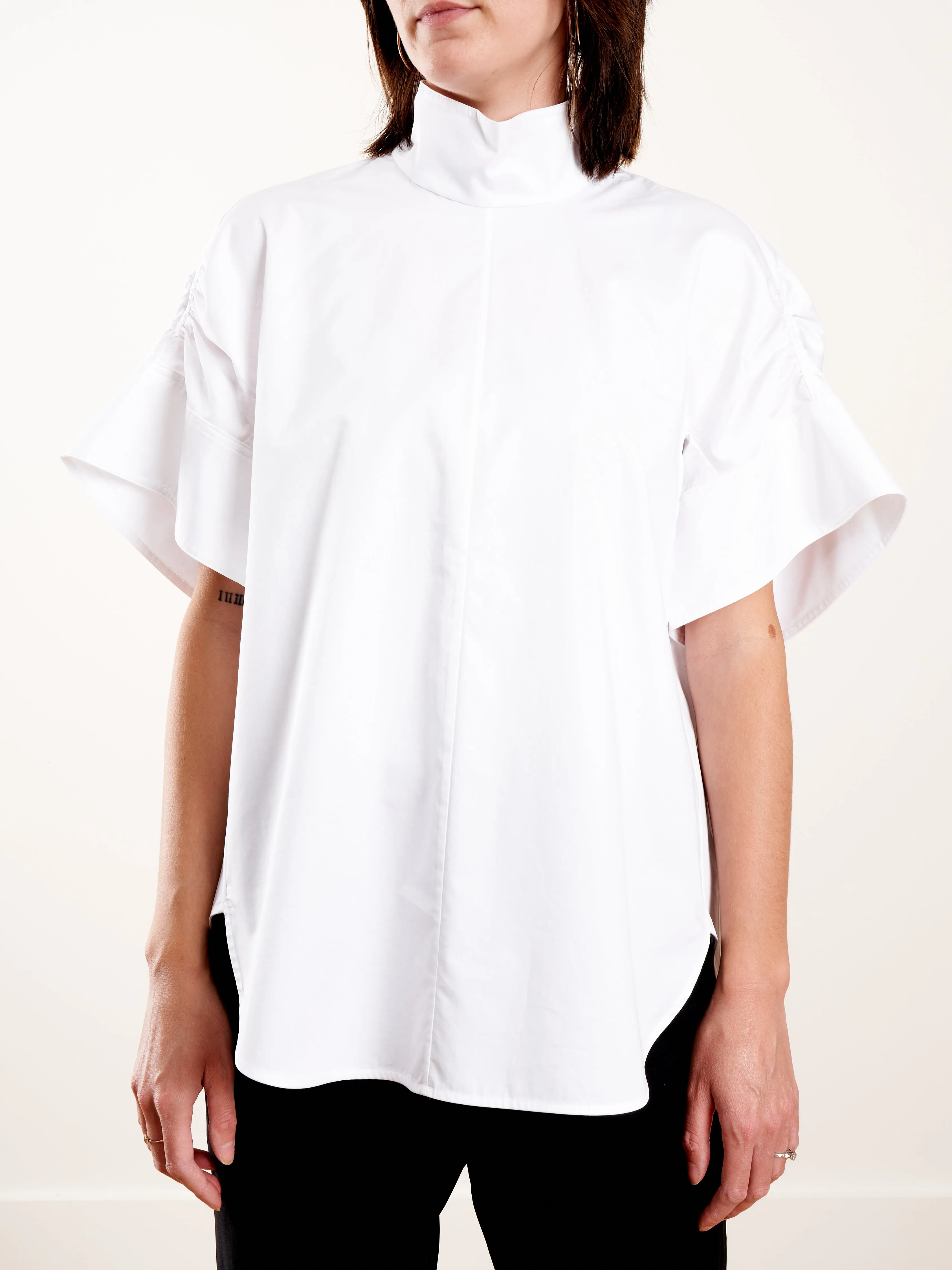 eco poplin shirred sleeve top - white