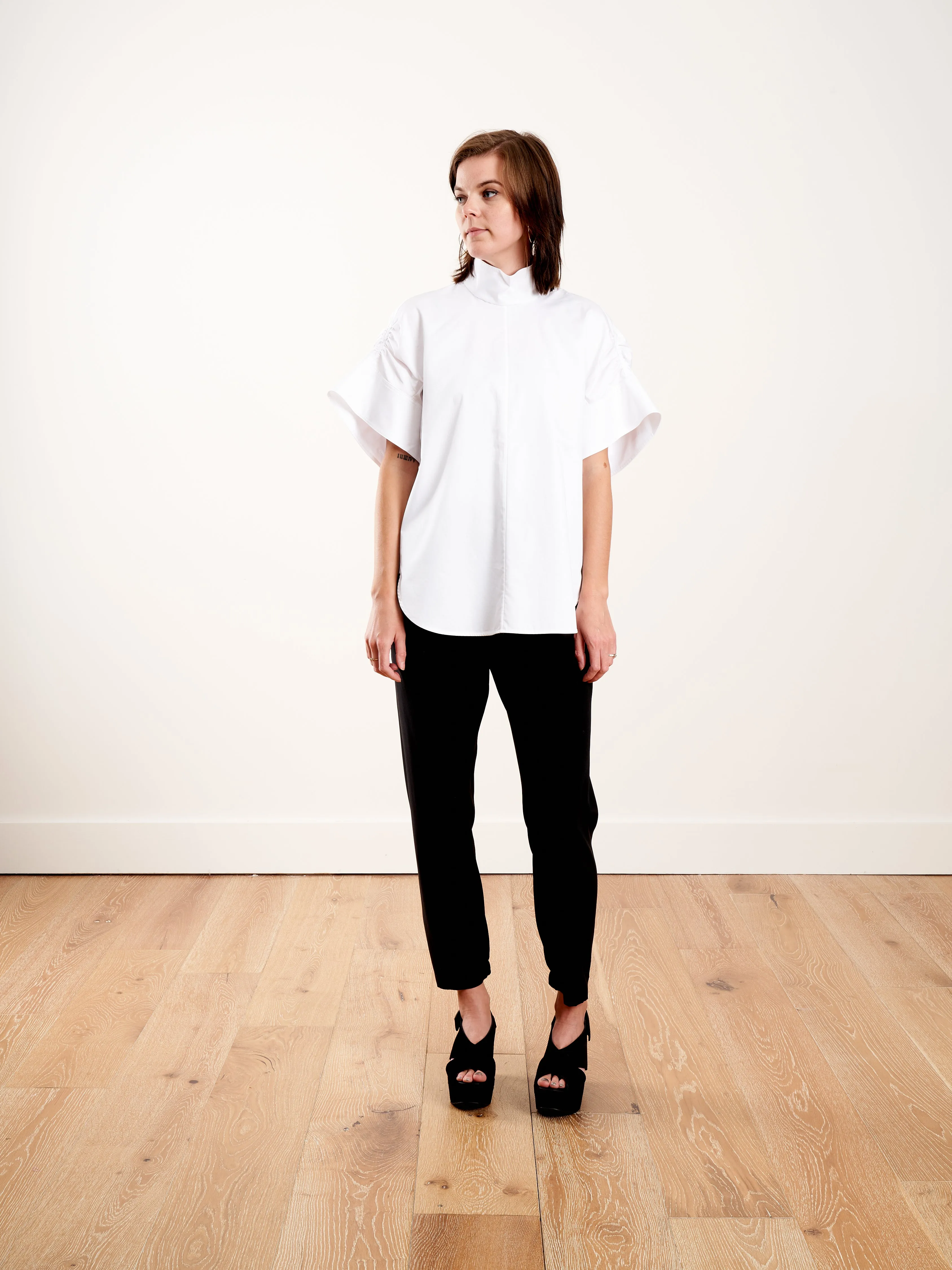 eco poplin shirred sleeve top - white