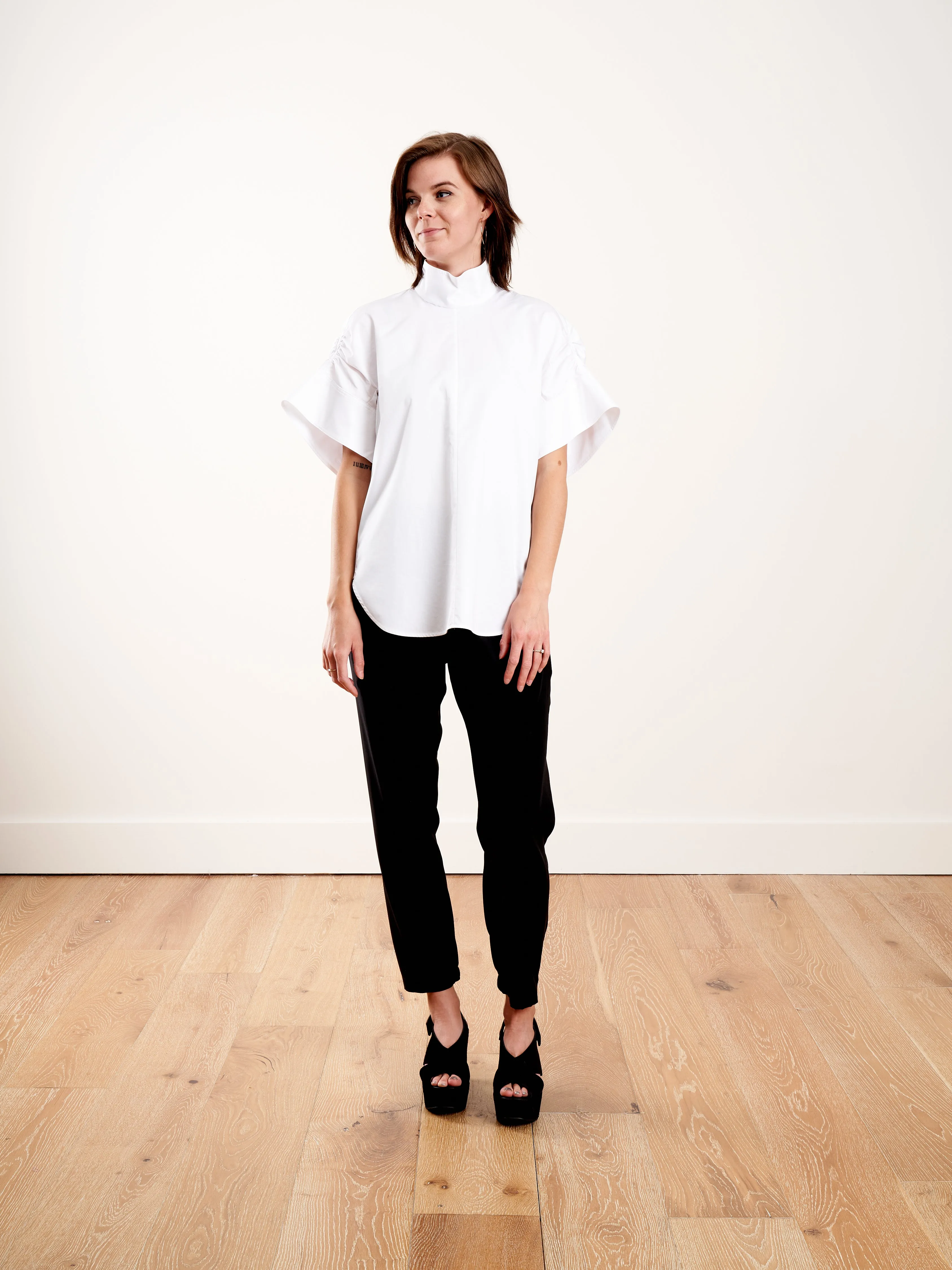 eco poplin shirred sleeve top - white