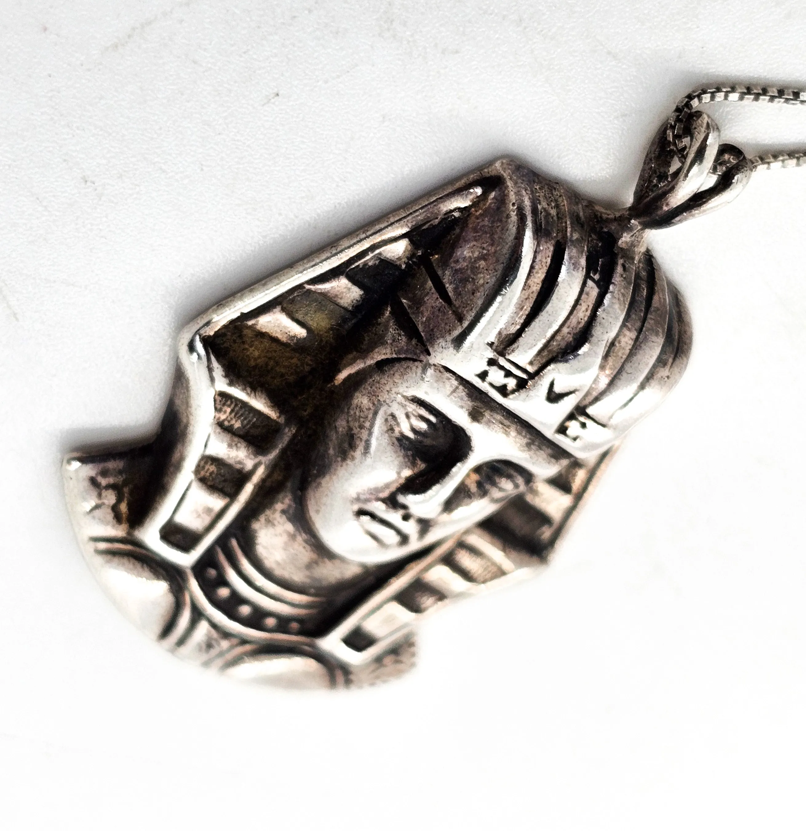 Egyptian Revival King Tut pharaoh vintage sterling silver pendant necklace
