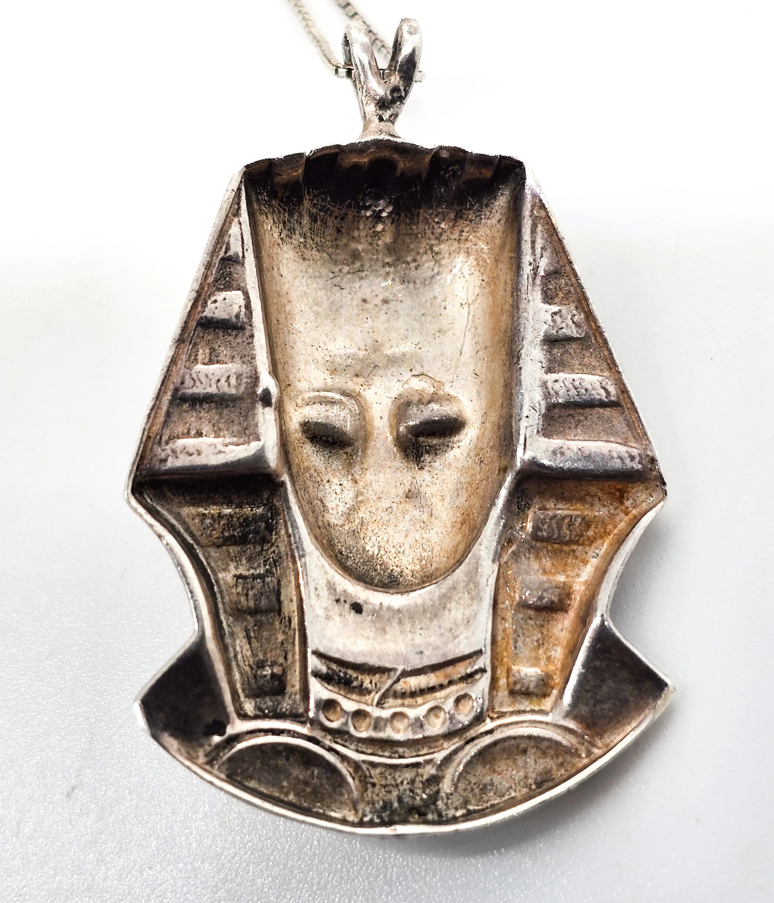 Egyptian Revival King Tut pharaoh vintage sterling silver pendant necklace