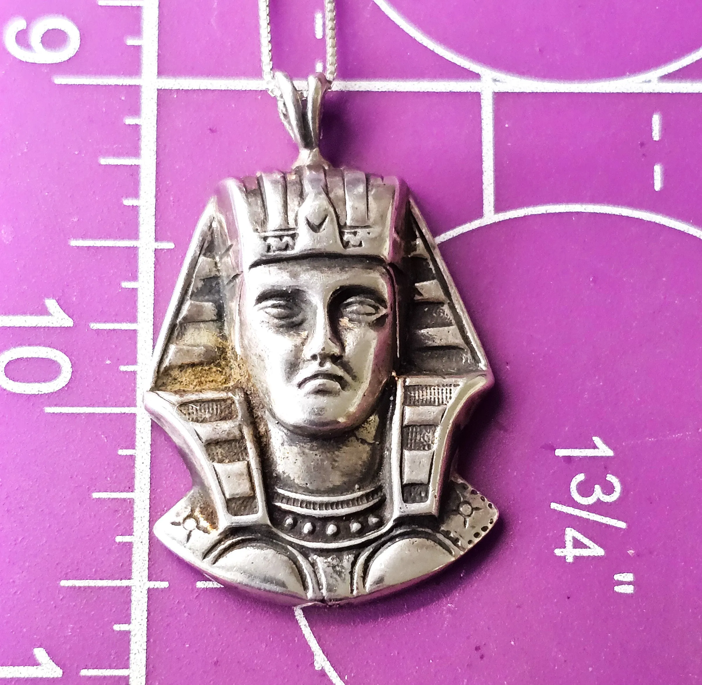 Egyptian Revival King Tut pharaoh vintage sterling silver pendant necklace