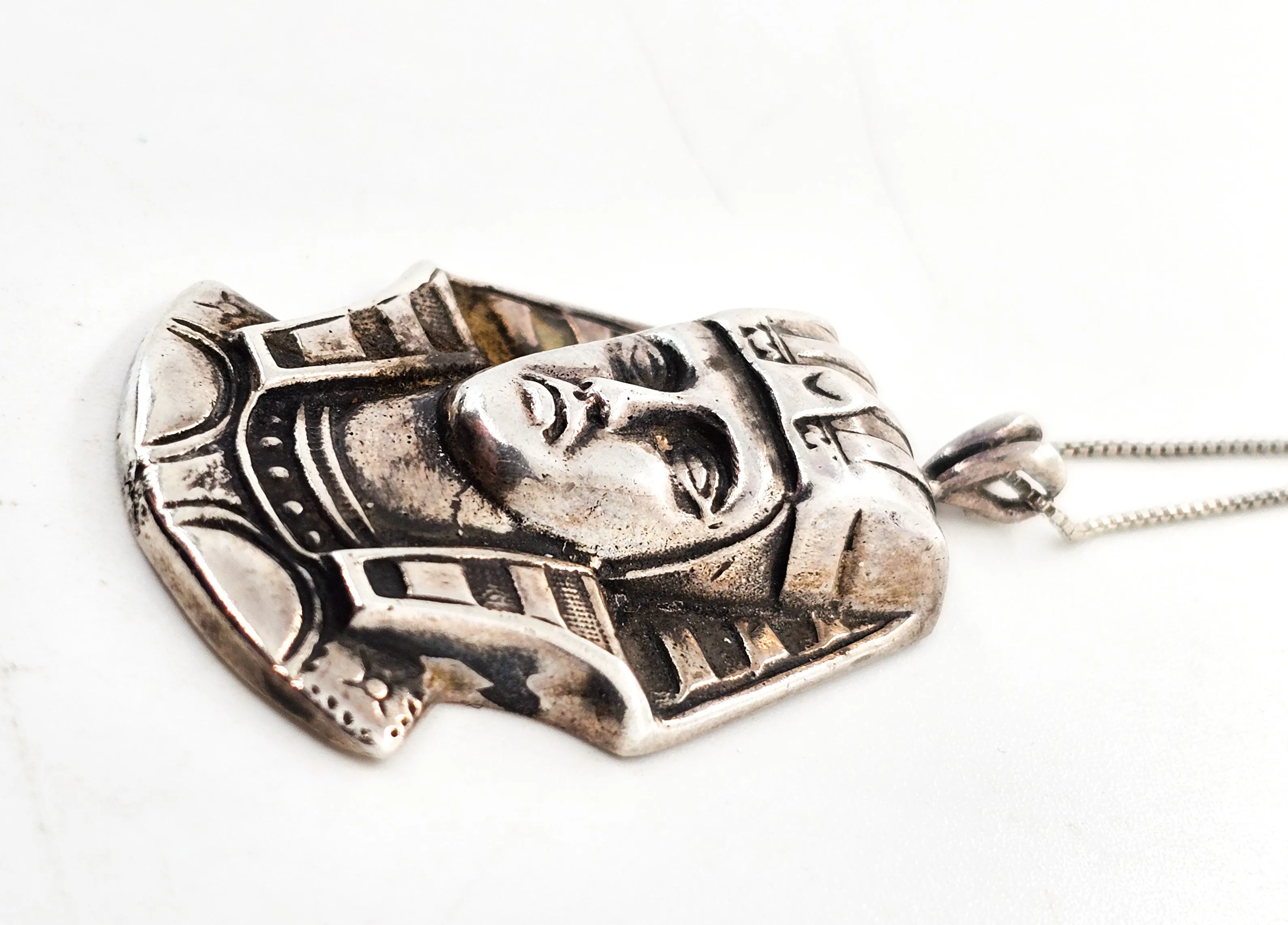 Egyptian Revival King Tut pharaoh vintage sterling silver pendant necklace