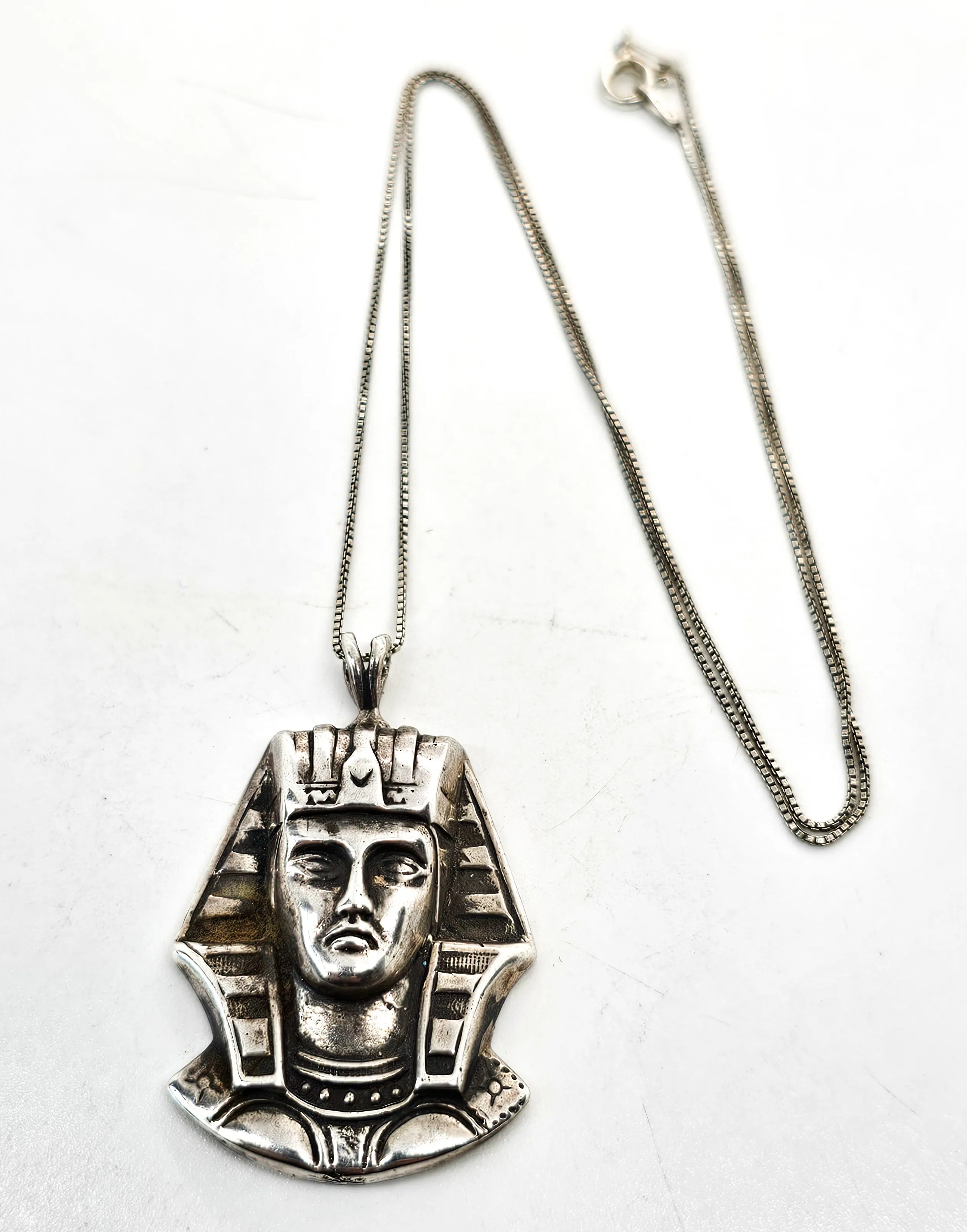 Egyptian Revival King Tut pharaoh vintage sterling silver pendant necklace